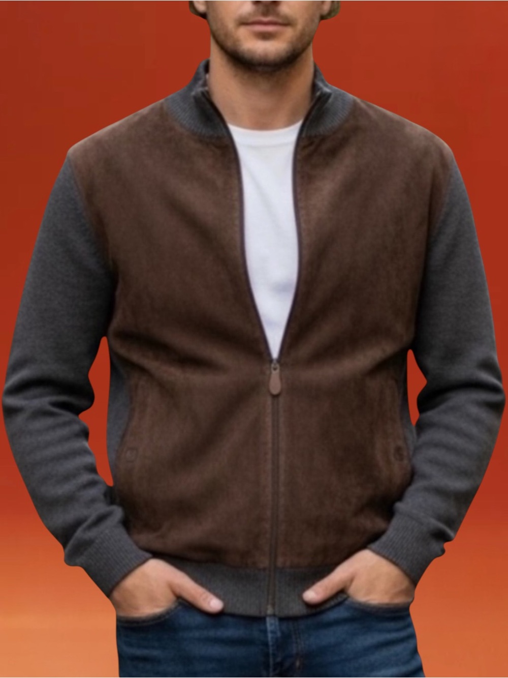 SCOTT BARBER HYBRID Cardigan Wool Suede Size XL Italy